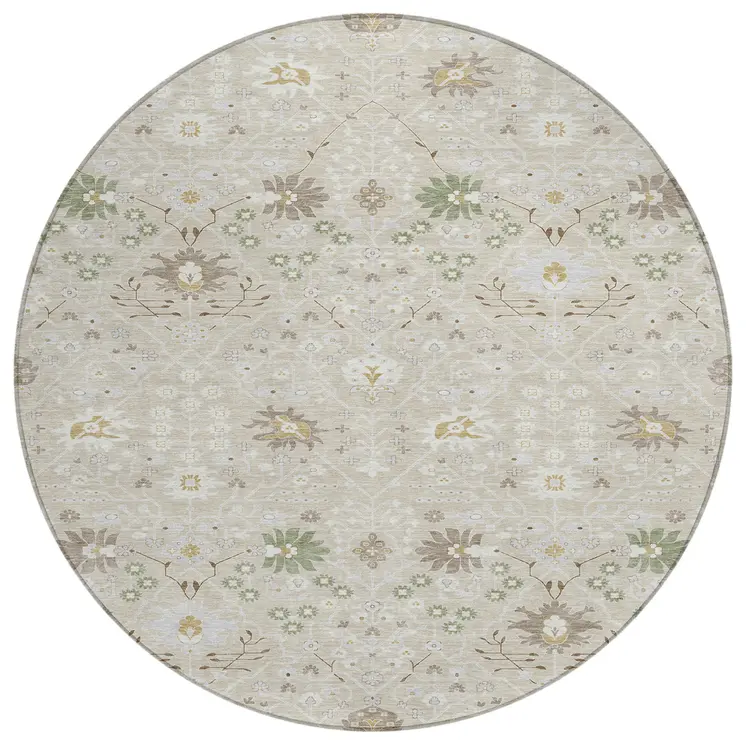 8' Beige Brown And Green Round Oriental Washable Indoor Outdoor Area Rug
