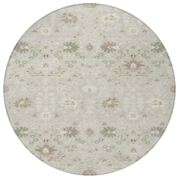 8' Beige Brown And Green Round Oriental Washable Indoor Outdoor Area Rug