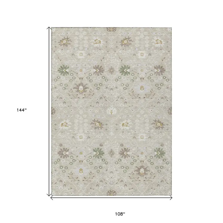 9' X 12' Beige Brown And Green Oriental Washable Indoor Outdoor Area Rug