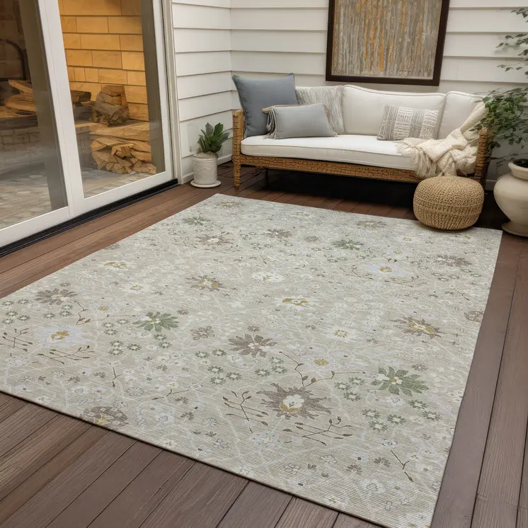 9' X 12' Beige Brown And Green Oriental Washable Indoor Outdoor Area Rug