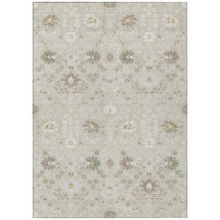 10' X 14' Beige Brown And Green Oriental Washable Indoor Outdoor Area Rug