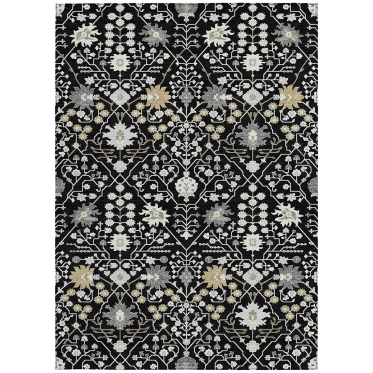 3' X 5' Black Ivory And Gray Oriental Washable Indoor Outdoor Area Rug