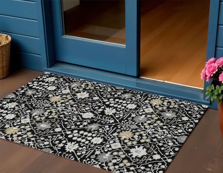 3' X 5' Black Ivory And Gray Oriental Washable Indoor Outdoor Area Rug