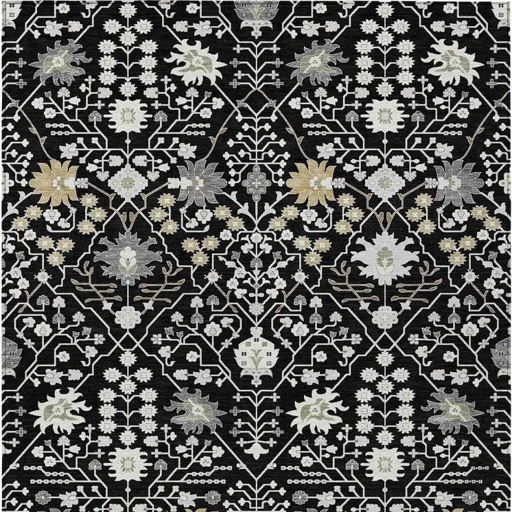 5' X 8' Black Ivory And Gray Oriental Washable Indoor Outdoor Area Rug