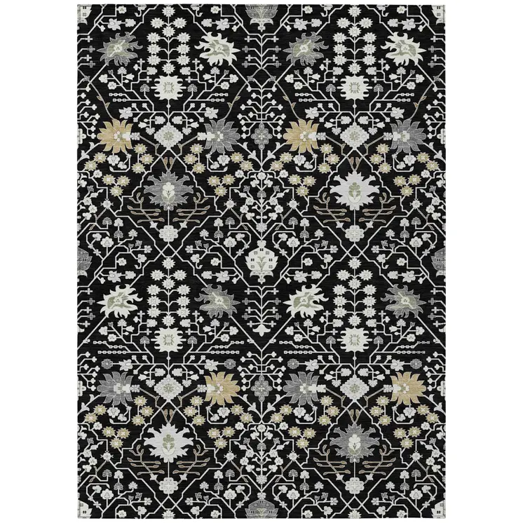 5' X 8' Black Ivory And Gray Oriental Washable Indoor Outdoor Area Rug