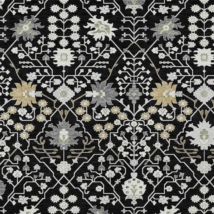 5' X 8' Black Ivory And Gray Oriental Washable Indoor Outdoor Area Rug