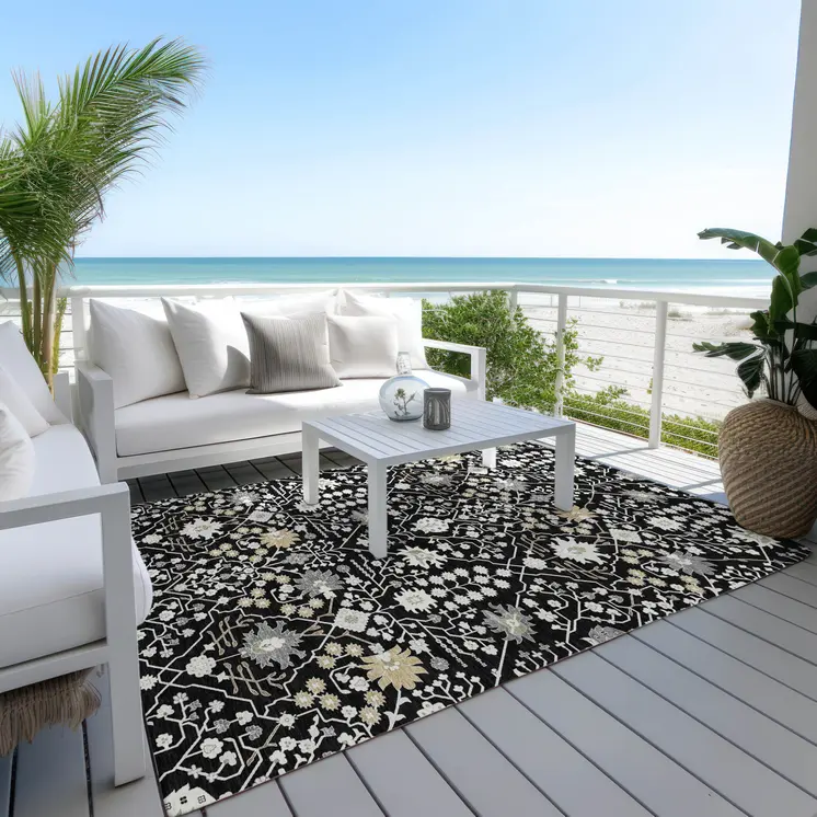 5' X 8' Black Ivory And Gray Oriental Washable Indoor Outdoor Area Rug
