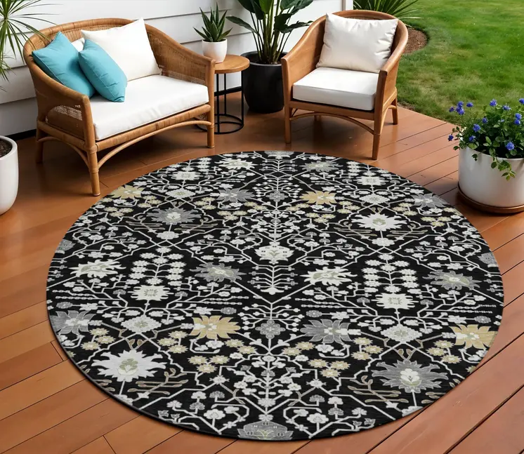 8' Black Ivory And Gray Round Oriental Washable Indoor Outdoor Area Rug