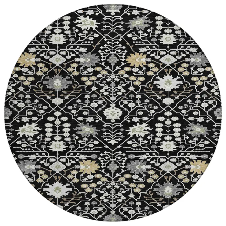 8' Black Ivory And Gray Round Oriental Washable Indoor Outdoor Area Rug