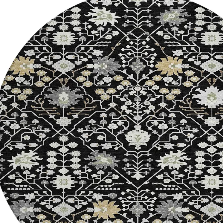 8' Black Ivory And Gray Round Oriental Washable Indoor Outdoor Area Rug