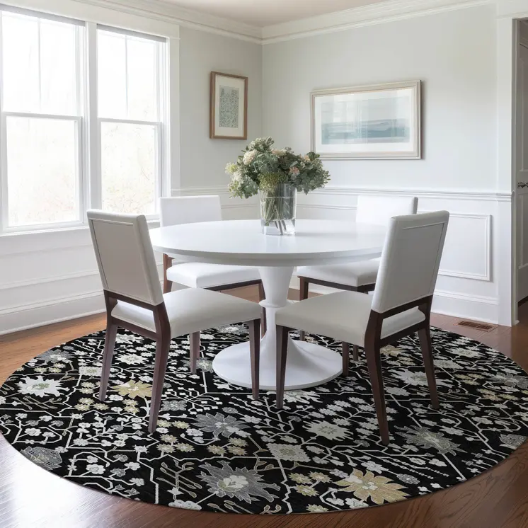 8' Black Ivory And Gray Round Oriental Washable Indoor Outdoor Area Rug