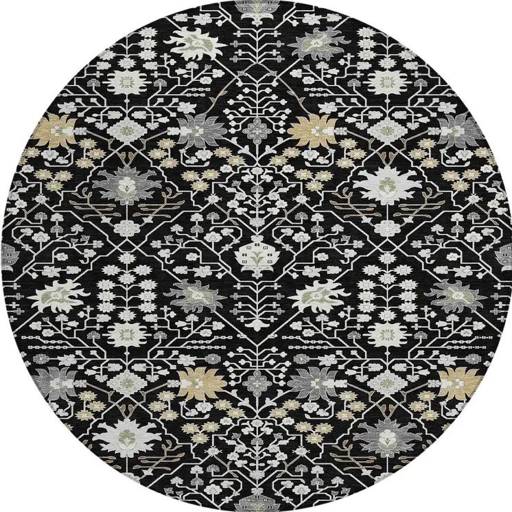 8' Black Ivory And Gray Round Oriental Washable Indoor Outdoor Area Rug