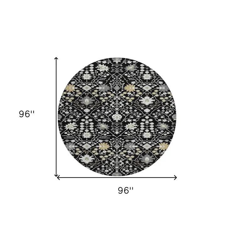 8' Black Ivory And Gray Round Oriental Washable Indoor Outdoor Area Rug