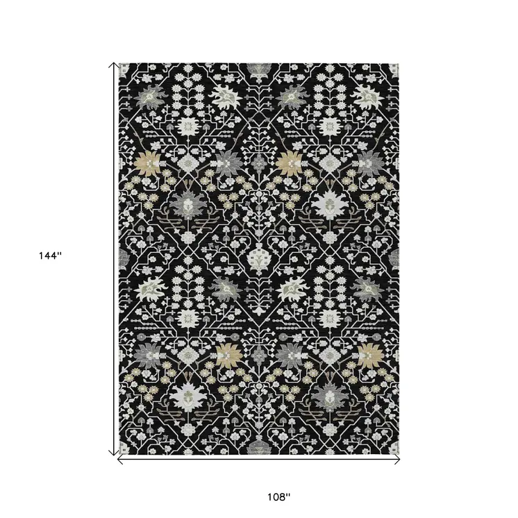 9' X 12' Black Ivory And Gray Oriental Washable Indoor Outdoor Area Rug