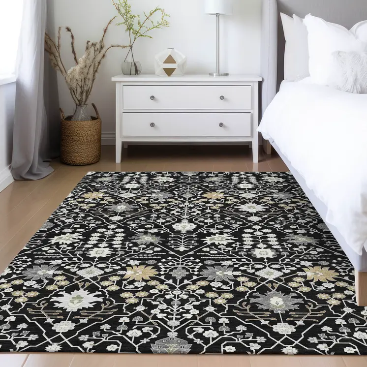 9' X 12' Black Ivory And Gray Oriental Washable Indoor Outdoor Area Rug
