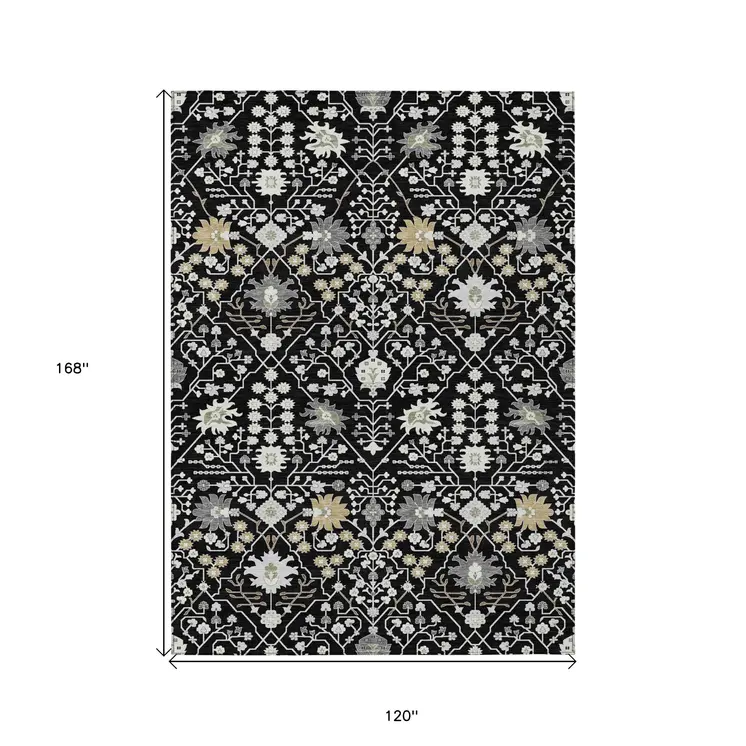 10' X 14' Black Ivory And Gray Oriental Washable Indoor Outdoor Area Rug