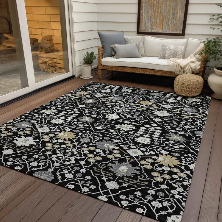 10' X 14' Black Ivory And Gray Oriental Washable Indoor Outdoor Area Rug