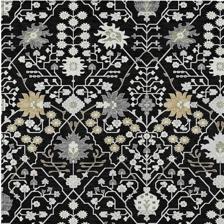 10' X 14' Black Ivory And Gray Oriental Washable Indoor Outdoor Area Rug