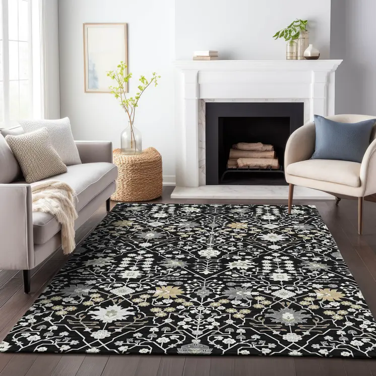 10' X 14' Black Ivory And Gray Oriental Washable Indoor Outdoor Area Rug
