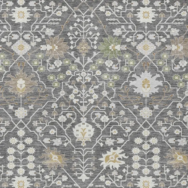 3' X 5' Charcoal Ivory And Green Oriental Washable Indoor Outdoor Area Rug