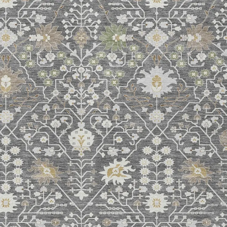 5' X 8' Charcoal Ivory And Green Oriental Washable Indoor Outdoor Area Rug