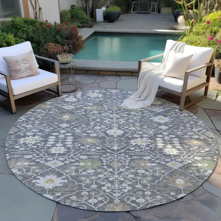 8' Charcoal Ivory And Green Round Oriental Washable Indoor Outdoor Area Rug