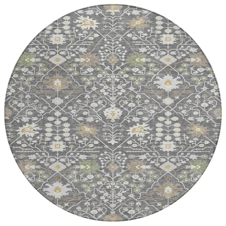 8' Charcoal Ivory And Green Round Oriental Washable Indoor Outdoor Area Rug