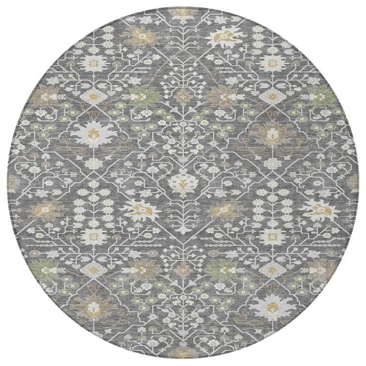 8' Charcoal Ivory And Green Round Oriental Washable Indoor Outdoor Area Rug