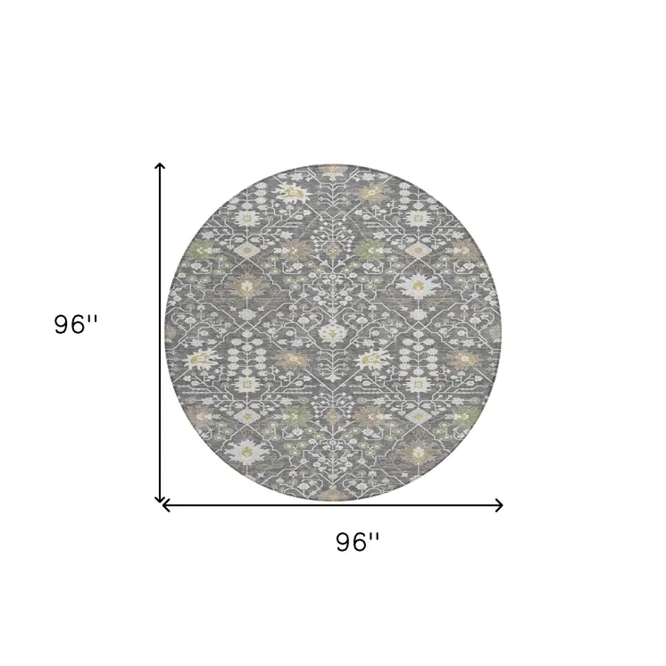 8' Charcoal Ivory And Green Round Oriental Washable Indoor Outdoor Area Rug