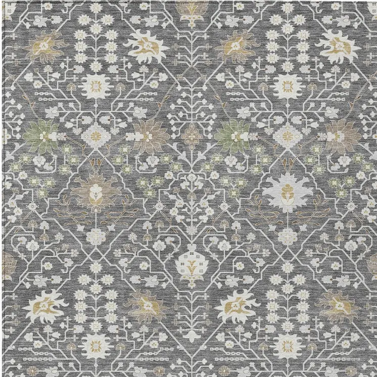 8' X 10' Charcoal Ivory And Green Oriental Washable Indoor Outdoor Area Rug