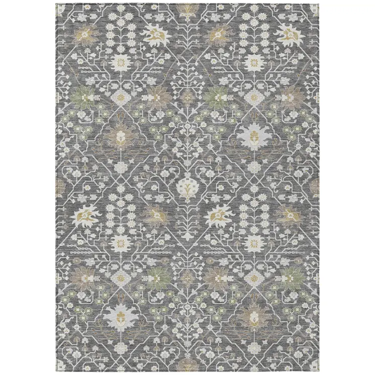 9' X 12' Charcoal Ivory And Green Oriental Washable Indoor Outdoor Area Rug