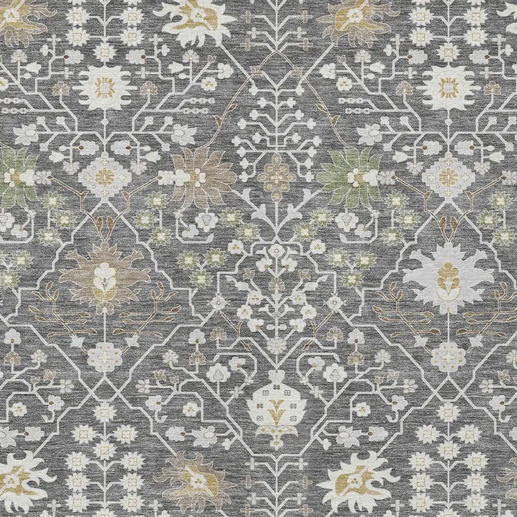 9' X 12' Charcoal Ivory And Green Oriental Washable Indoor Outdoor Area Rug