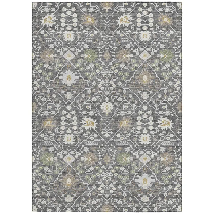 10' X 14' Charcoal Ivory And Green Oriental Washable Indoor Outdoor Area Rug