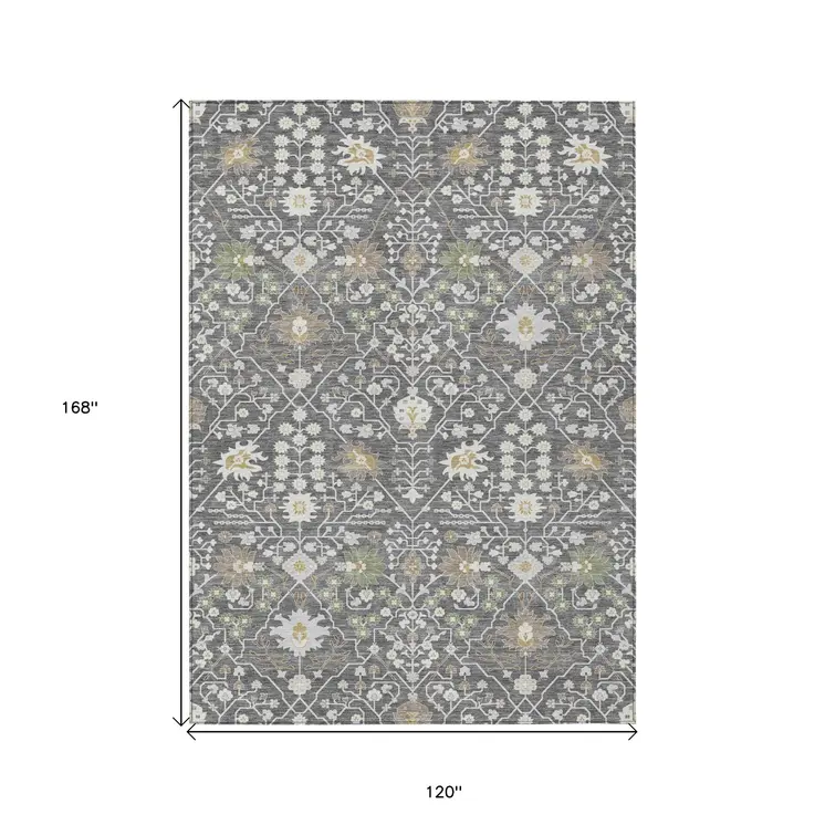 10' X 14' Charcoal Ivory And Green Oriental Washable Indoor Outdoor Area Rug