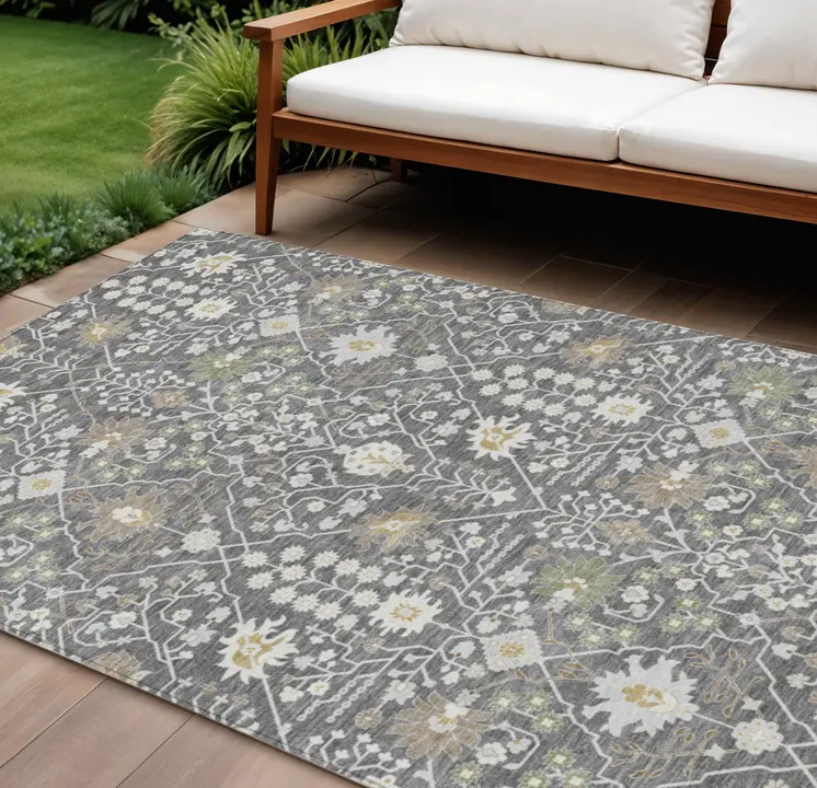 10' X 14' Charcoal Ivory And Green Oriental Washable Indoor Outdoor Area Rug