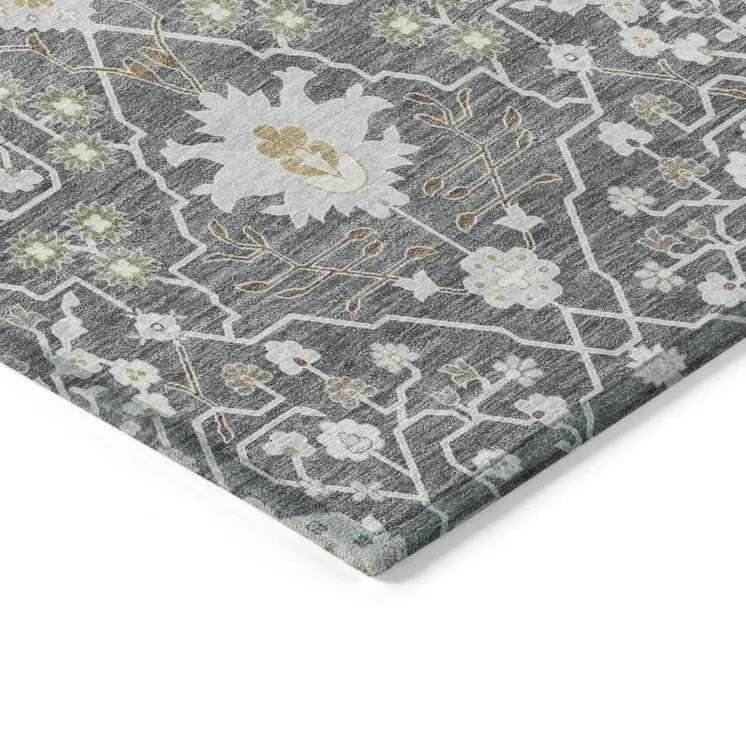 10' X 14' Charcoal Ivory And Green Oriental Washable Indoor Outdoor Area Rug