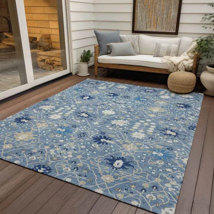 3' X 5' Denim Blue Ivory And Beige Oriental Washable Indoor Outdoor Area Rug