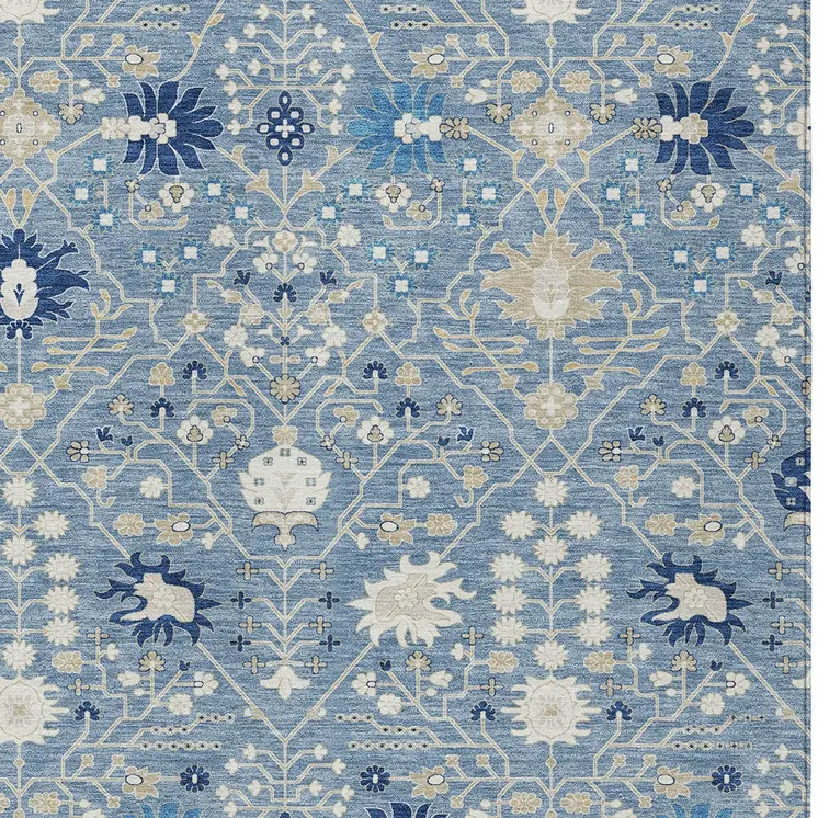 3' X 5' Denim Blue Ivory And Beige Oriental Washable Indoor Outdoor Area Rug