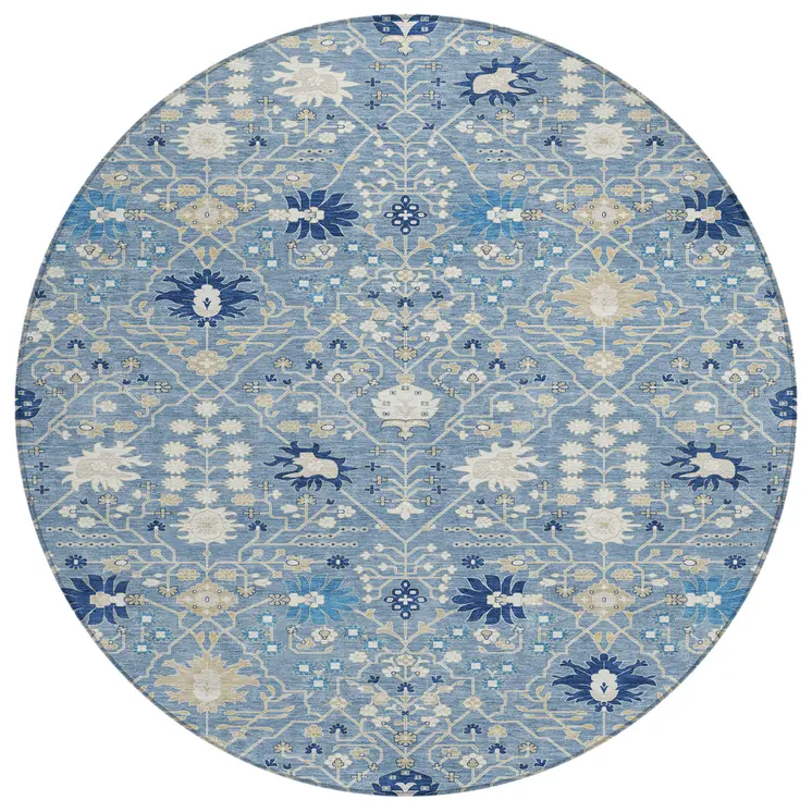 8' Denim Blue Ivory And Beige Round Oriental Washable Indoor Outdoor Area Rug