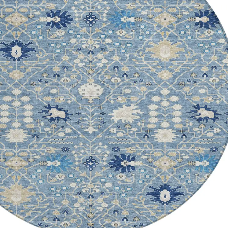 8' Denim Blue Ivory And Beige Round Oriental Washable Indoor Outdoor Area Rug