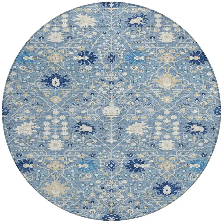 8' Denim Blue Ivory And Beige Round Oriental Washable Indoor Outdoor Area Rug