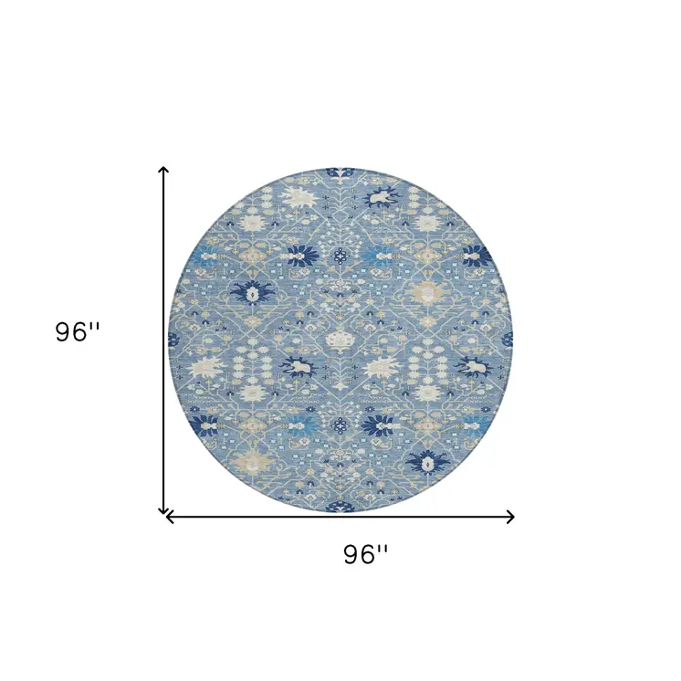 8' Denim Blue Ivory And Beige Round Oriental Washable Indoor Outdoor Area Rug