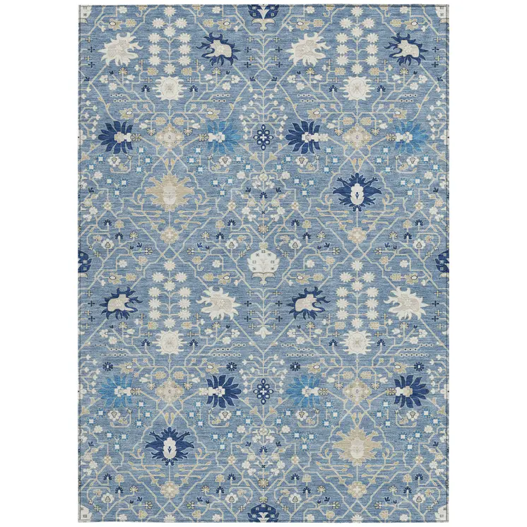 8' X 10' Denim Blue Ivory And Beige Oriental Washable Indoor Outdoor Area Rug