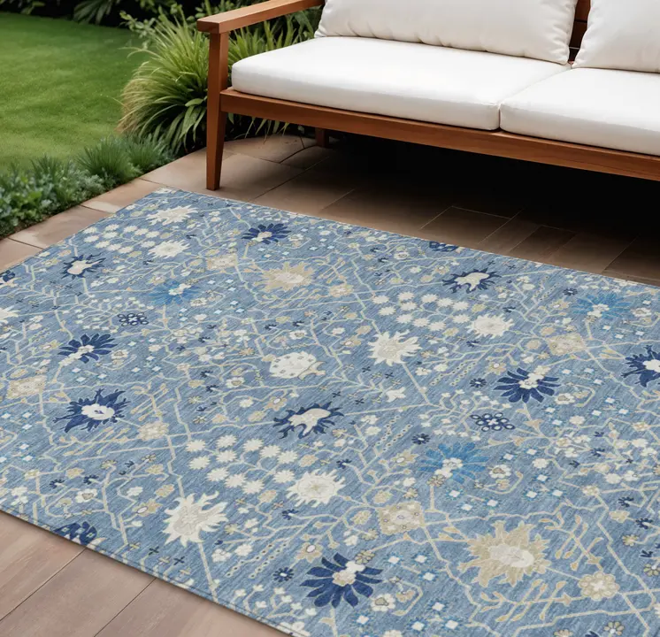 8' X 10' Denim Blue Ivory And Beige Oriental Washable Indoor Outdoor Area Rug