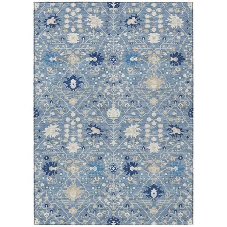 8' X 10' Denim Blue Ivory And Beige Oriental Washable Indoor Outdoor Area Rug