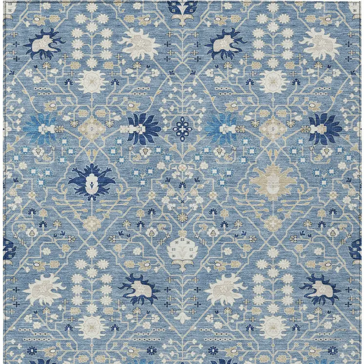 8' X 10' Denim Blue Ivory And Beige Oriental Washable Indoor Outdoor Area Rug