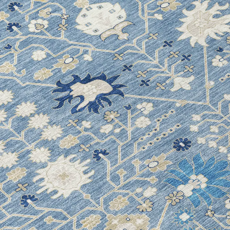 8' X 10' Denim Blue Ivory And Beige Oriental Washable Indoor Outdoor Area Rug