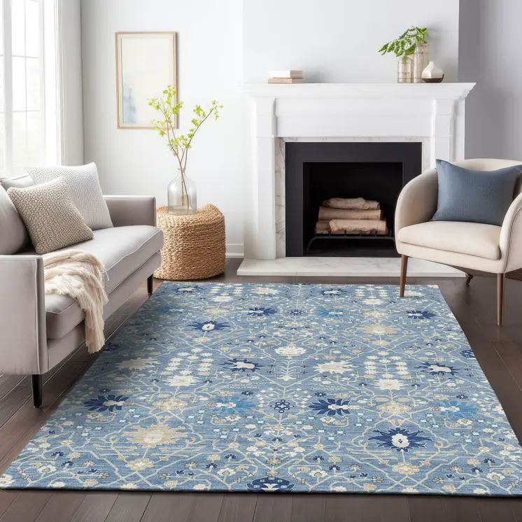 8' X 10' Denim Blue Ivory And Beige Oriental Washable Indoor Outdoor Area Rug
