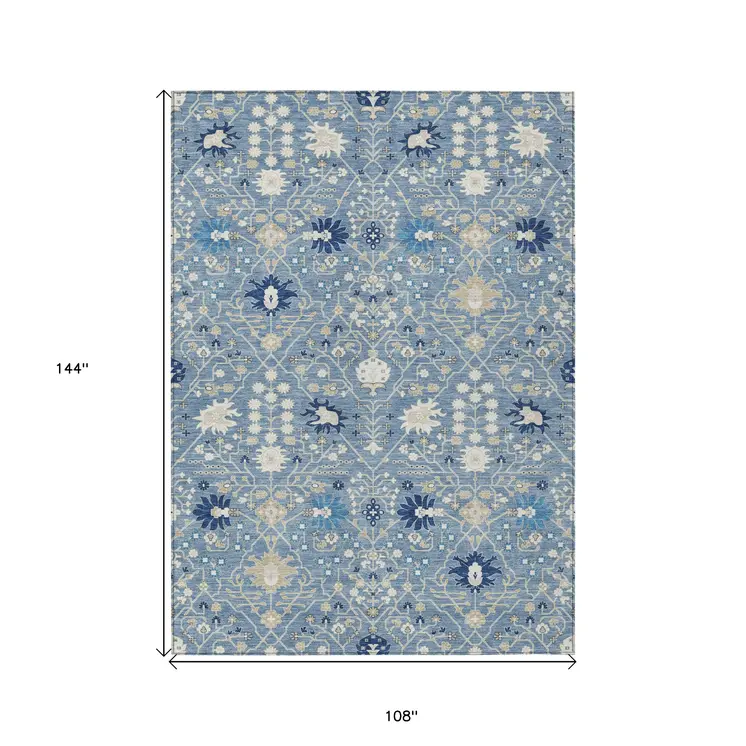 9' X 12' Denim Blue Ivory And Beige Oriental Washable Indoor Outdoor Area Rug