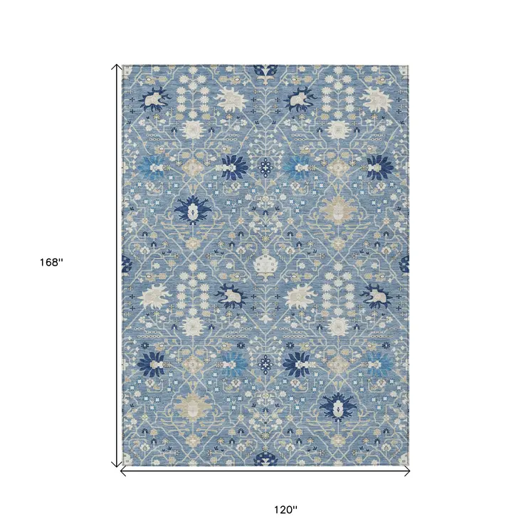10' X 14' Denim Blue Ivory And Beige Oriental Washable Indoor Outdoor Area Rug
